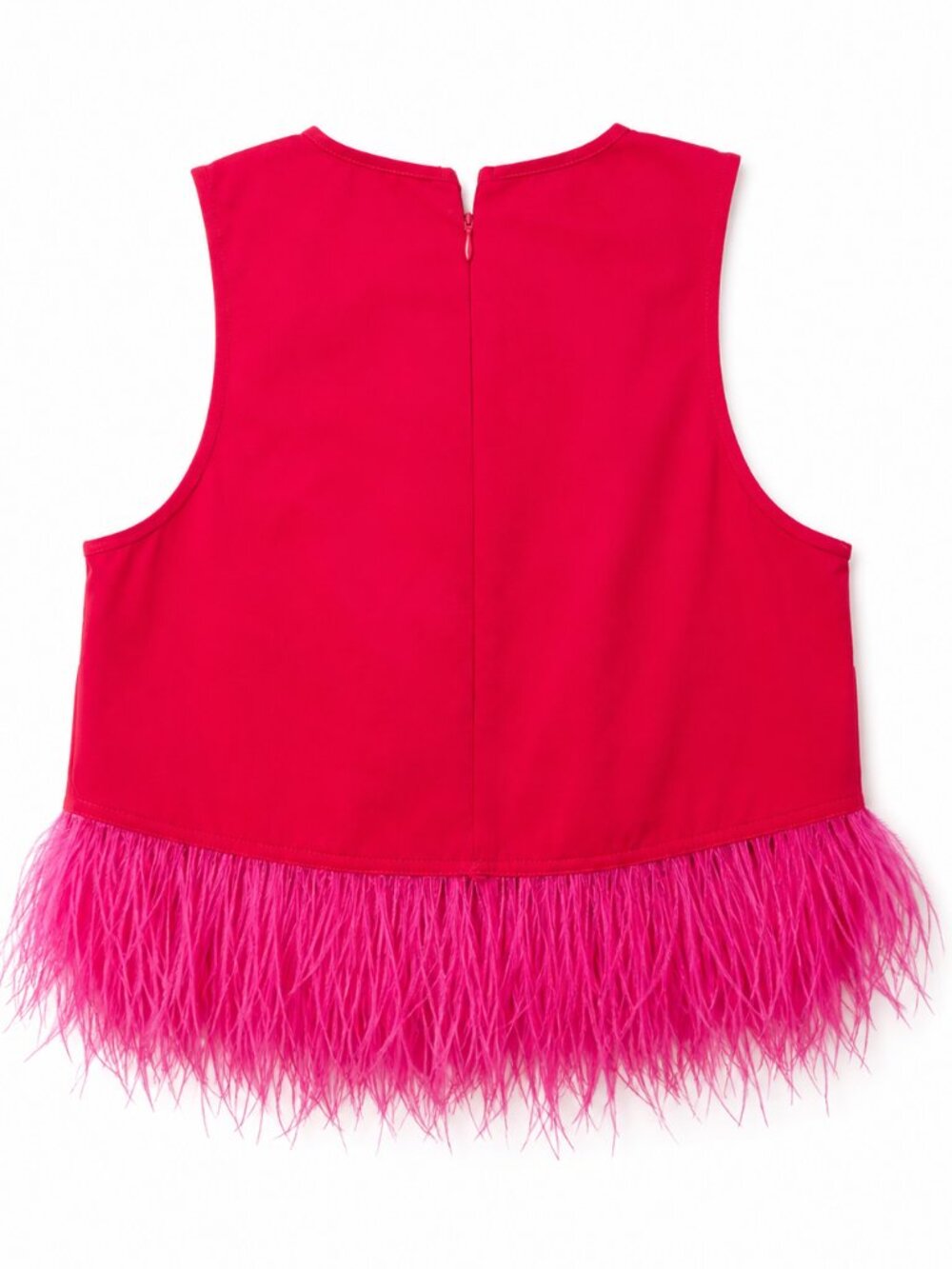 Strut & Bolt Red Crop Top with Pink Feather Trim Size Small Statement Party Top